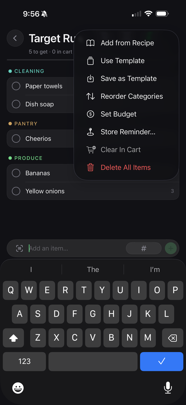 List actions menu: Add from Recipe, Use Template, Set Budget, Store Reminder, and more
