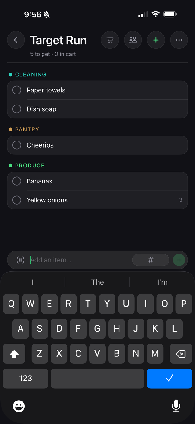 A Target Run shopping list with items sorted into colored Cleaning, Pantry, and Produce categories