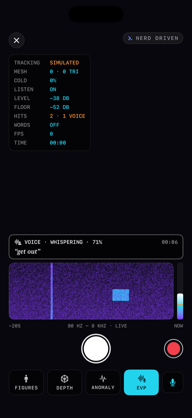 EVP Listen mode showing a live spectrogram and a voice hit labeled whispering with the recognized words